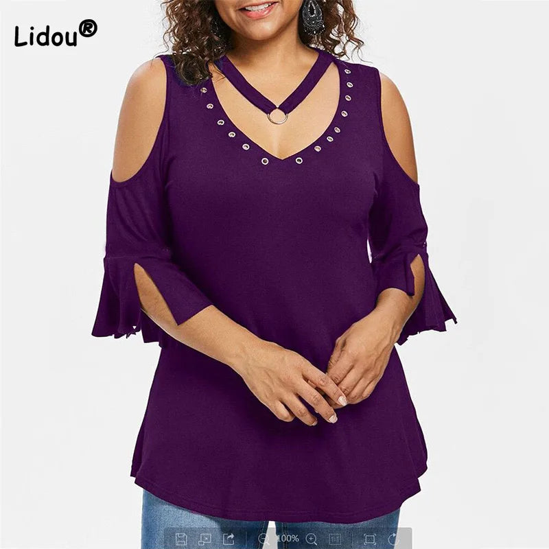 Solid Color V-Neck Pullover T-Shirt – Summer Women’s Clothes, Plus Size Off-Shoulder Hollow Out Short Sleeve Tops with Vapor Eye Rivet