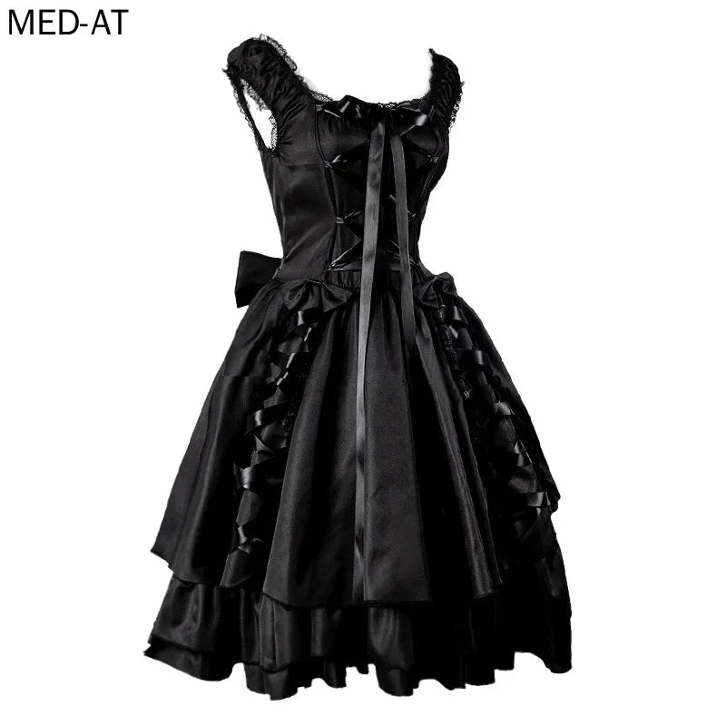 Classic Goth Lolita Steampunk Dress - Victorian Black Lace Layers | Medieval Renaissance Cosplay