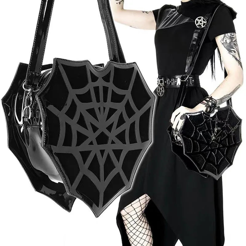 PU Leather Women’s Shoulder Bag - Dark Fashion Spider Web Slant Straddle Handbag, Punk Style Halloween Creative Bag