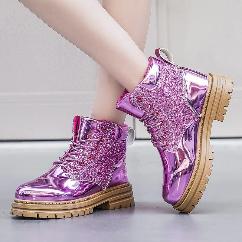 Luxury Pink Winter Boots for Women | Designer Ankle Boots with Trendy Platform | Glitter Patent Leather Shoes