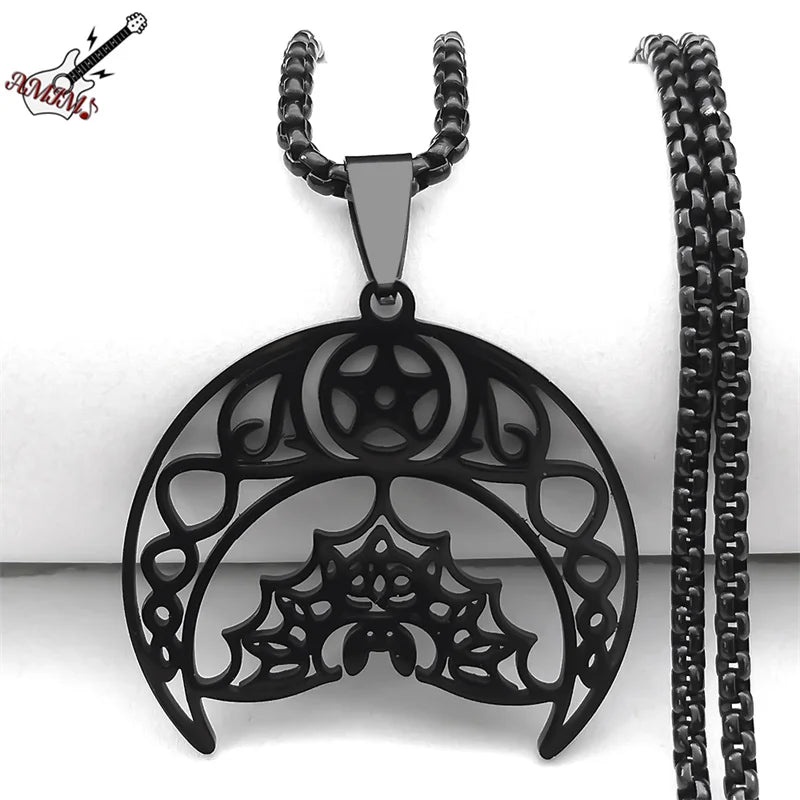 Gothic Bat Pentagram Moon Necklace – Stainless Steel Black Color Chain Jewelry for Women and Men