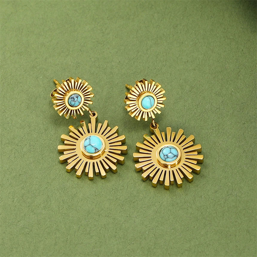 Vintage Sunflower Earrings: 316L Stainless Steel with Imitation Turquoise - High Fashion Jewelry