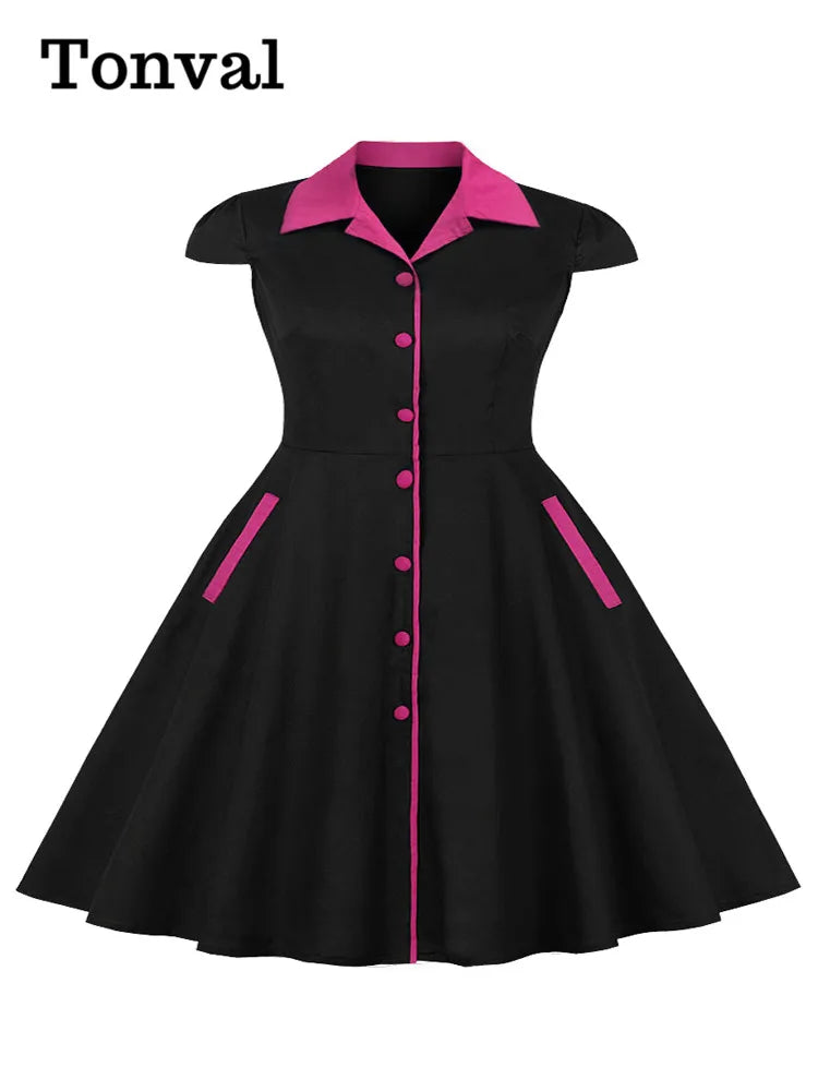 Tonval Women Oversized 4XL 5XL Vintage Dresses Notched Collar Cap Sleeve Single Breasted A-Line Female Pinup Retro Black Dress