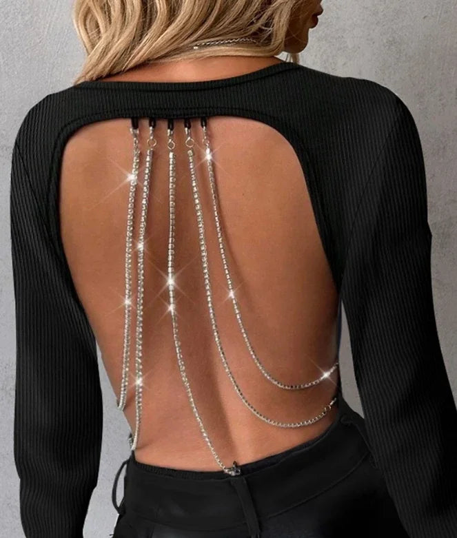 Y2K Spring Fashion Woman Blouse - Rhinestone Chain Strap, Backless Slash Neck, Long Sleeve Daily Tee Top