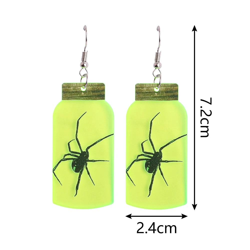 Trendy Skull Ghost Halloween Drop Earrings – Fluorescent Green Spider Bottle Acrylic Dangle Earrings for Women