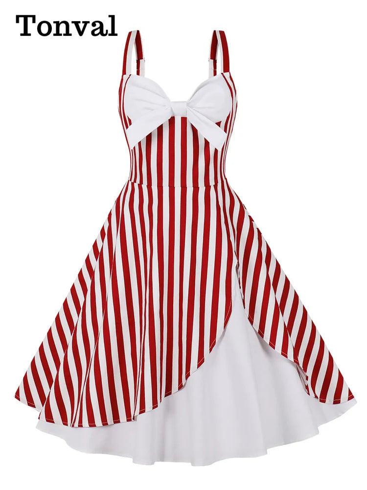 Tonval V-Neck Bow Front Gingham and Navy 50s Rockabilly Dresses 95% Cotton for Women Spaghetti Strap Summer Cocktail Party Dress