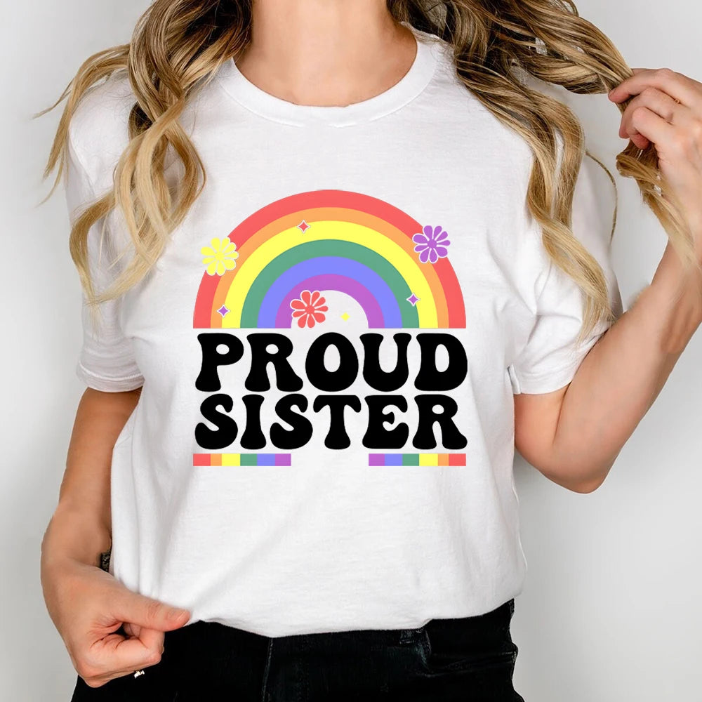 PROUD SISTER LGBTQ+ Pride Rainbow Print Ladies Cut Crew Neck Short Sleeved Graphic Print T Shirt