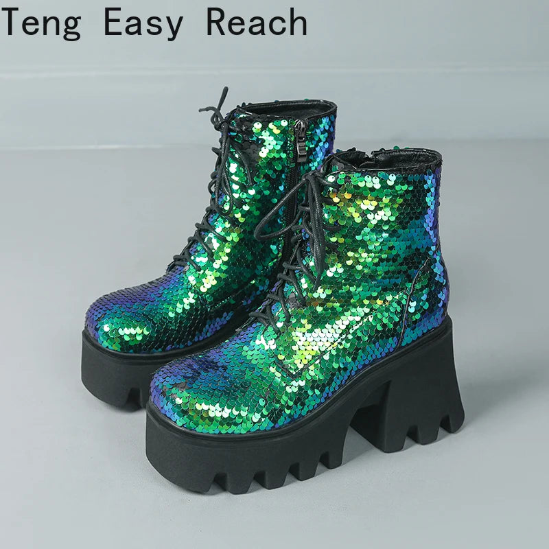 Women's Punk Platform Sequin Ankle Boots Fall/Winter Fashion Round Head Zipper Motorcycle Ankle Boots Sizes 33-43