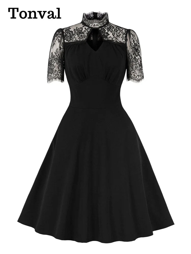 Tonval Stand Collar Hollow Out Front Lace Sleeve Elegant Night Party Dresses for Women Vintage Style Pockets Black Dress