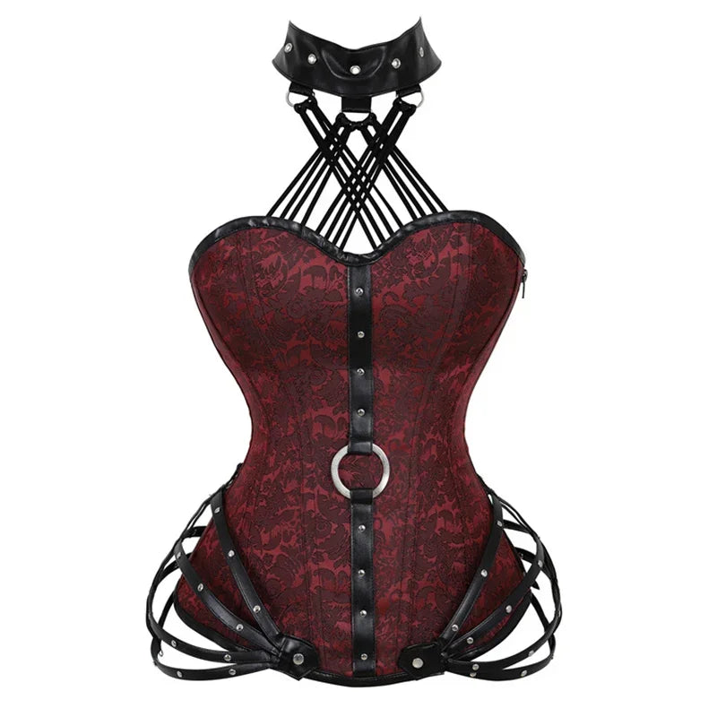 Steampunk Plus Size Leather Halterneck Overbust Corset Gothic Steel Boned Burlesque Women Slimming Body Tops Bustier