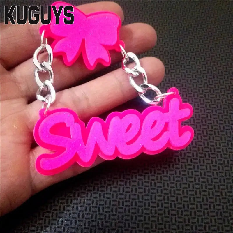 KUGUYS Glitter Pink ‘Sweet’ Letter Drop Earrings | Bowknot Acrylic Jewelry Accessories for Women