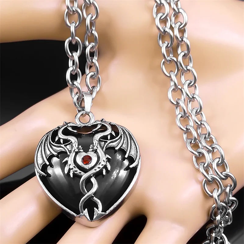 Goth Double Dragon Heart Necklace – Black Stone, Stainless Steel, Y2K Star Girl Design, Men & Women Halloween Jewelry Gift