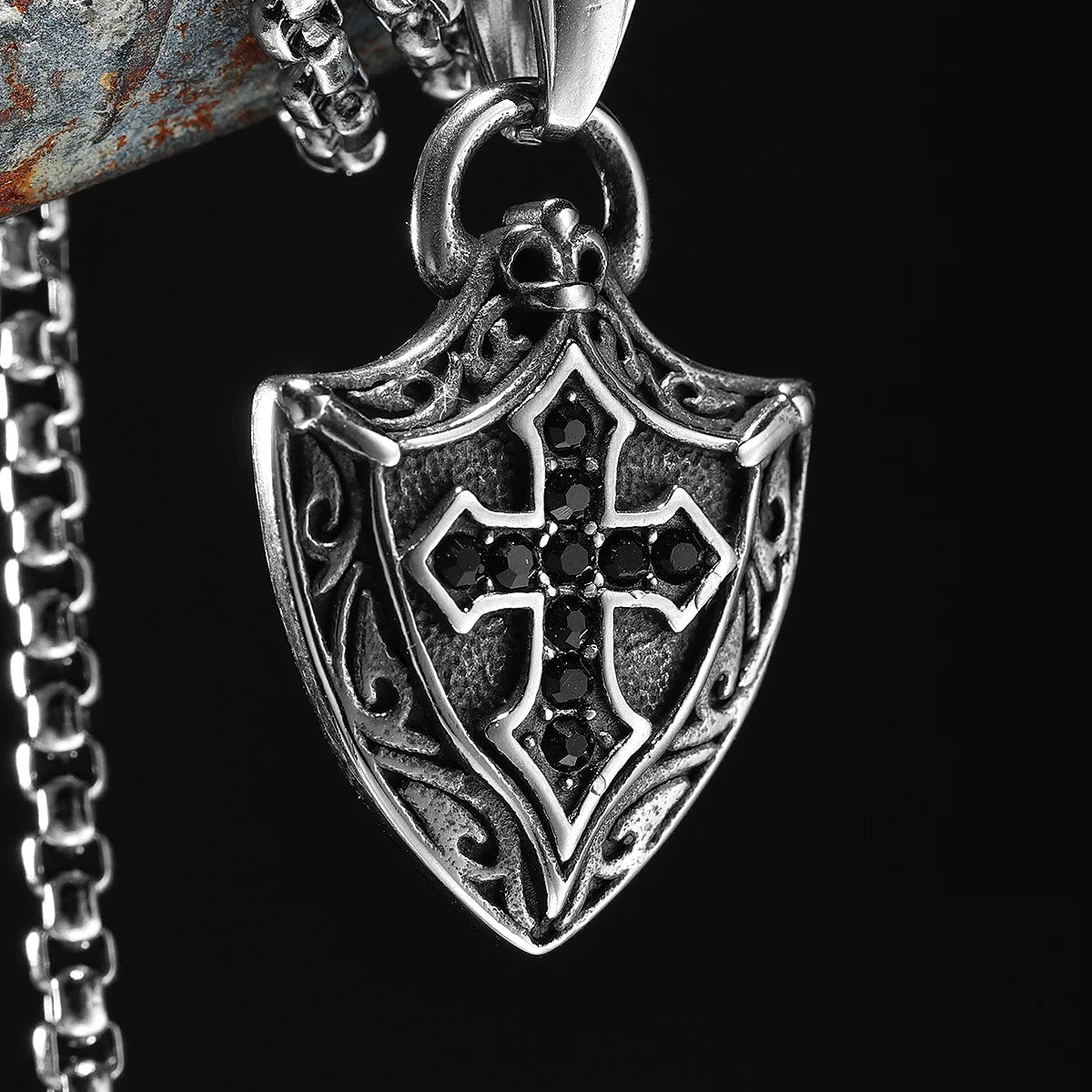 Cross Shield Pendants Stainless Steel Necklace with Black Gem – Retro Men's Amulet Chain, Rock Punk Party Jewelry Gift