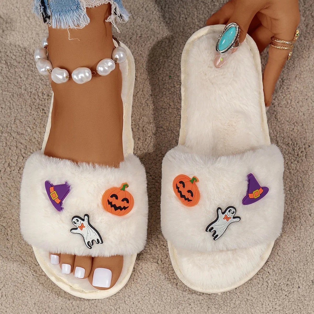 Fashion Winter Halloween Cotton Slippers for Ladies – Plush Open Toe Flat Bottom Home Footwear