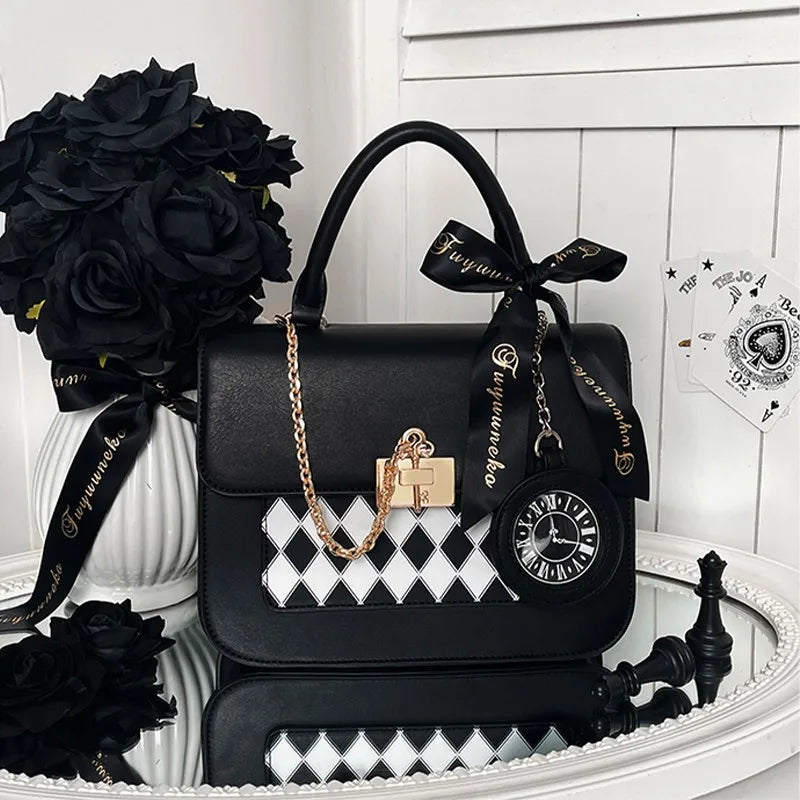 Sweet Bow-Knot Handbag - Japanese Kawaii Lolita Square Crossbody Bag, Ladies' Chessboard Diamond Grid Design in Black