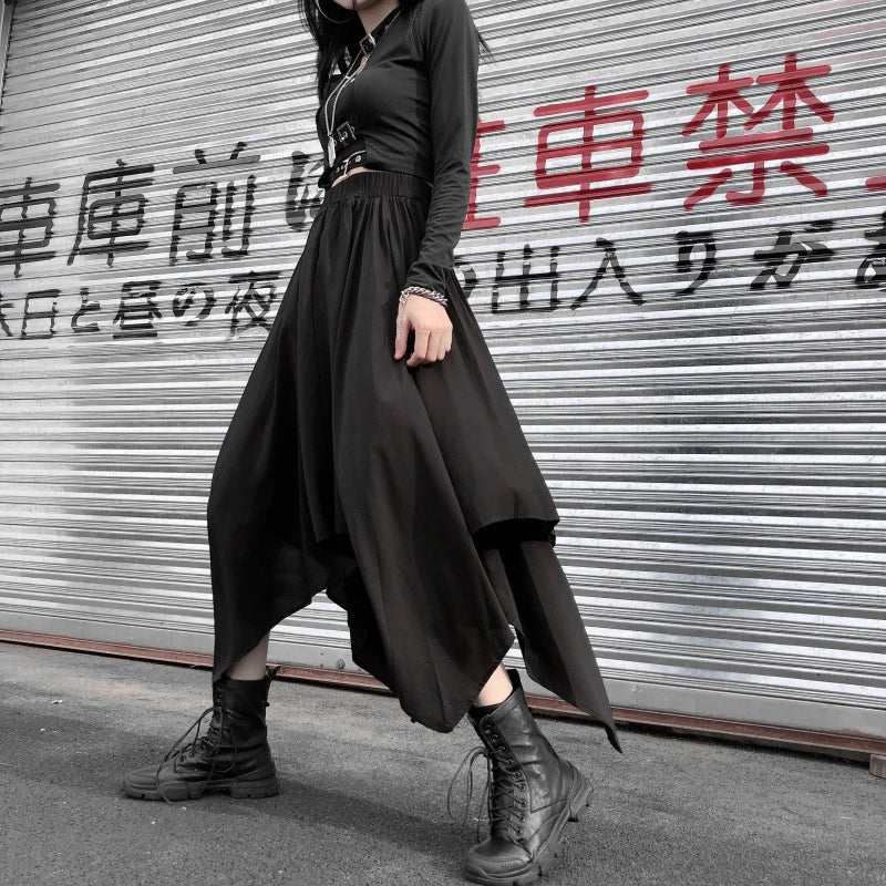 Gothic Black Irregular High Waist Skirt – Dark Punk Harajuku Vintage Mid-Calf Korean Skirt