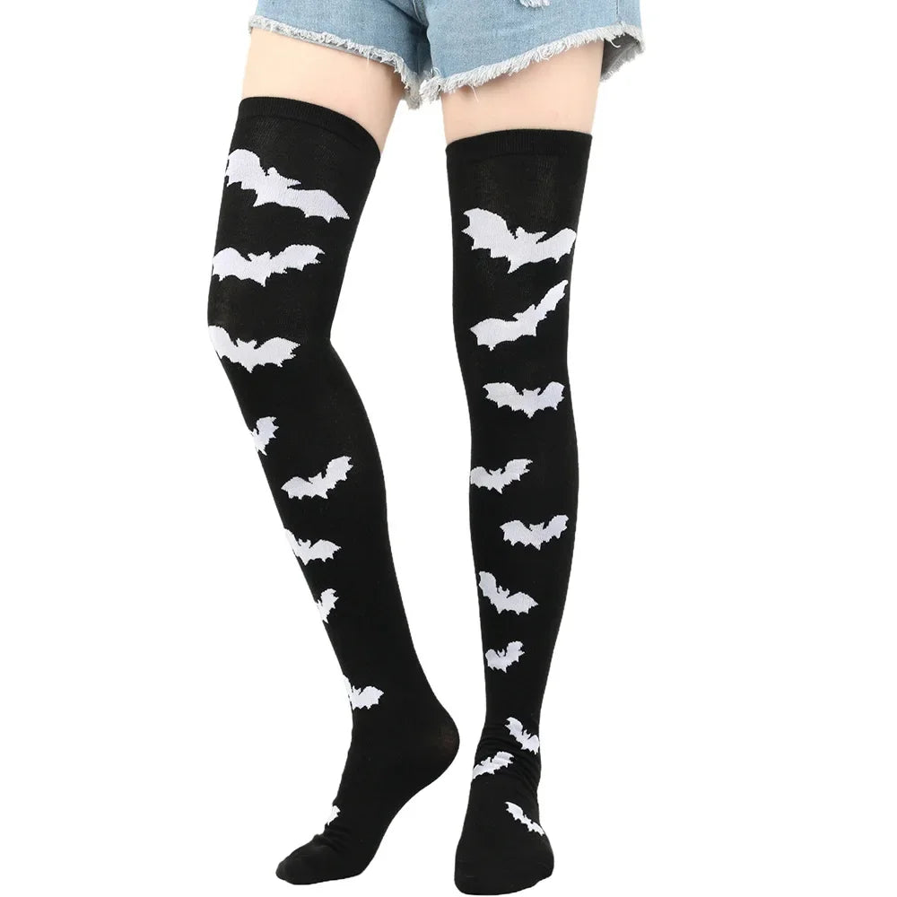 Black Gothic Punk Knee-High Stockings, Non-Slip Over-Knee Warm Long Tube Socks for Girls, Cosplay Halloween Accessory