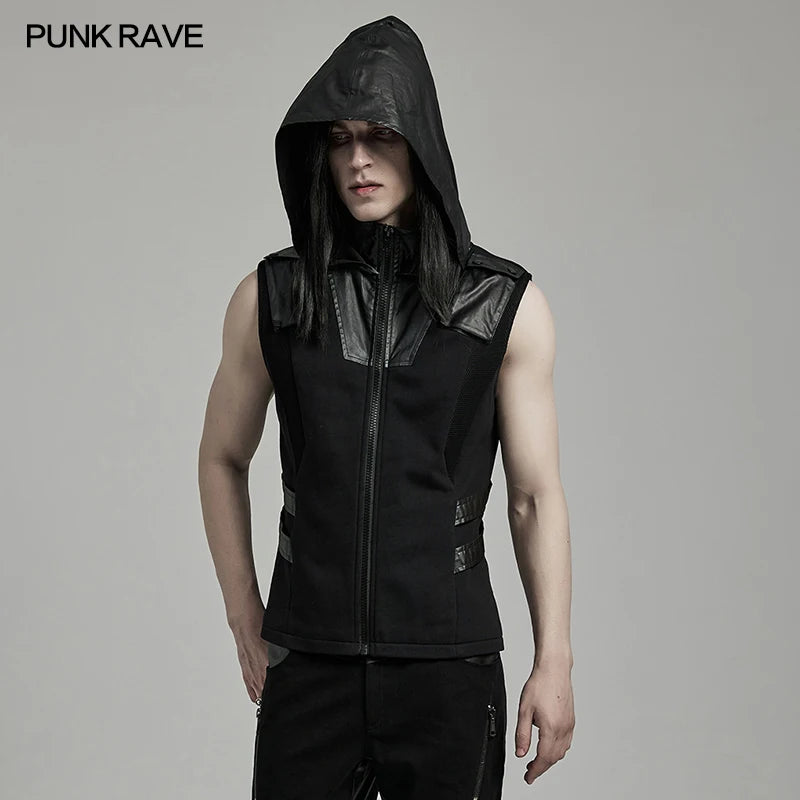 PUNK RAVE Men's Punk Sweatshirt Tech Wear Personality Vest Handsome Casual Tops Decorated with Leather Loops on Both Waist Sides