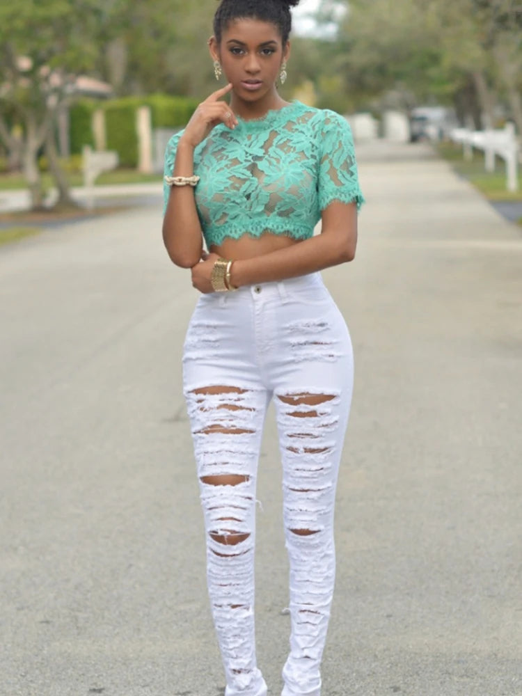 New Designer High Waist Ripped Jeans: Skinny Denim Fashion for Women, Elastic Slim Fit, Black and White Options Available