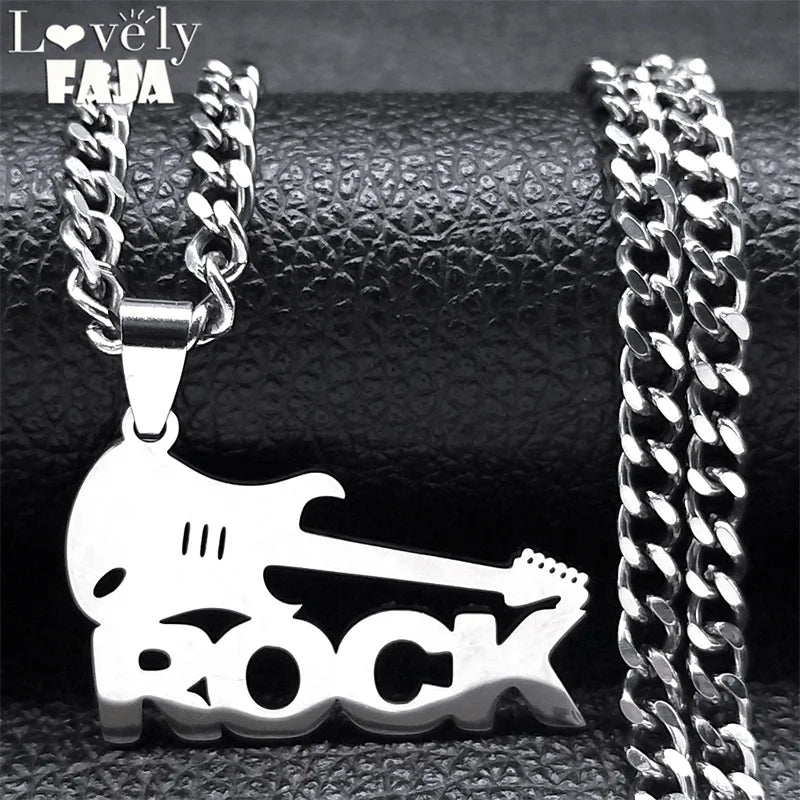 Electric Guitar Rock Hip Hop Necklace – Stainless Steel Musical Band Chain Necklace Jewelry for Men and Women