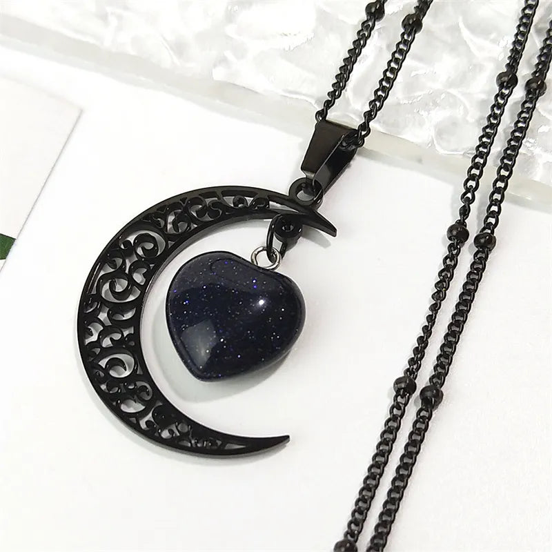 Black Stainless Steel Natural Stone Charm Necklace - Women's Moon Heart Jewelry