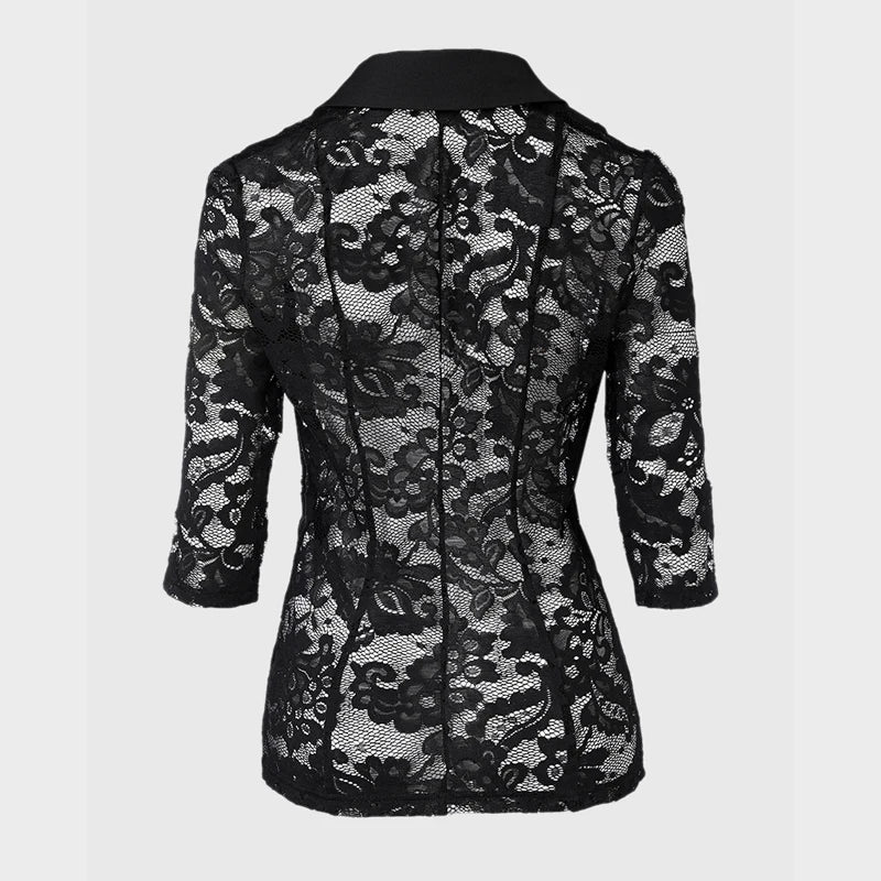 Women’s Sheer Lace Blazer with Lapel Neck and Single Button Flap Detail