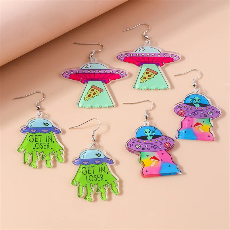 Aihua Cute Cartoon Creative Acrylic ET Alien Earrings Kawaii  Funny UFO Spaceship Earrings for Women Girls Kids Birthday Gifts