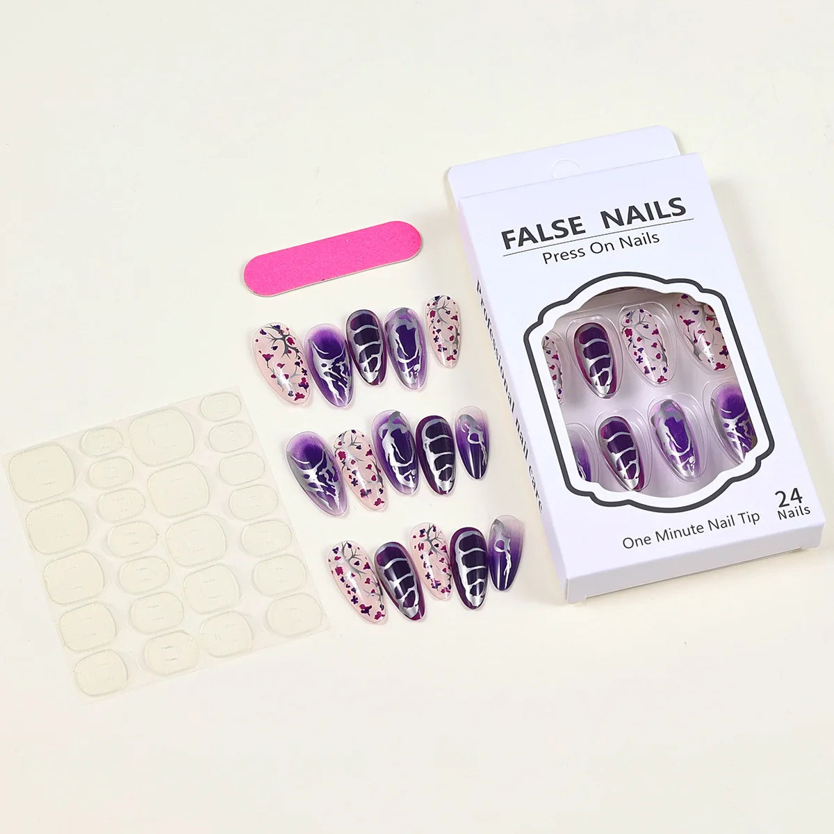 24Pcs Gradient Purple Long Press on Nails Ins Flower False Nails with Designs Black French Fake Nail Full Cover Nail Art Tips