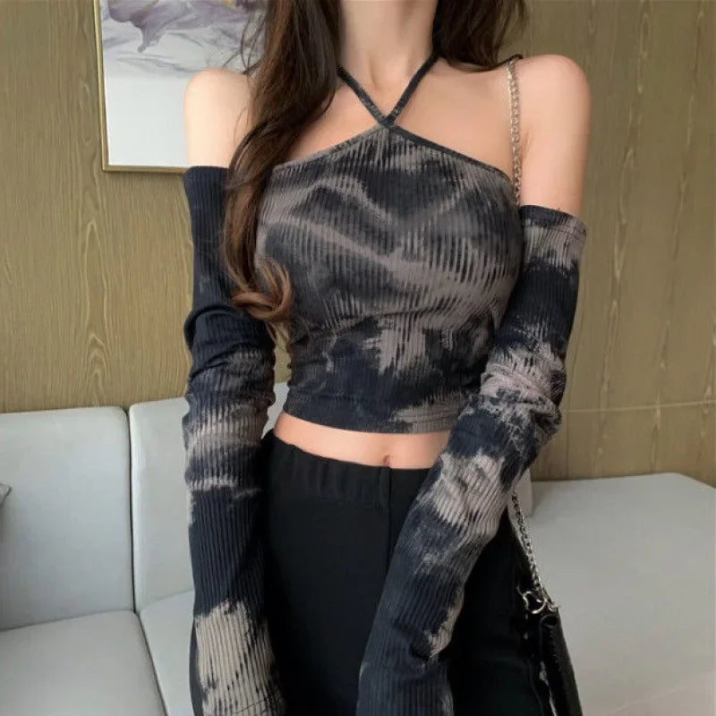 Tie-dye Long-sleeved T-shirt Women Slimming One-word Neck Off Shoulder Halter Short Top Summer Y2K Goth Backless Sexy Crop Tops