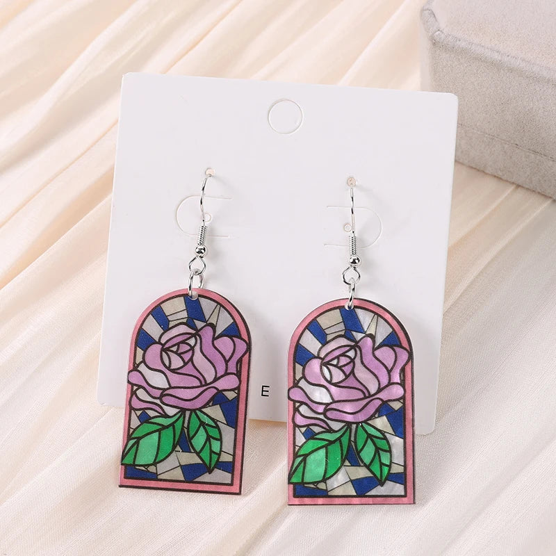 1 Pc Acrylic Dangle Earrings - Stained Glass Look with Rose and Cloud Floral Designs, Perfect Gift for Girls and Women