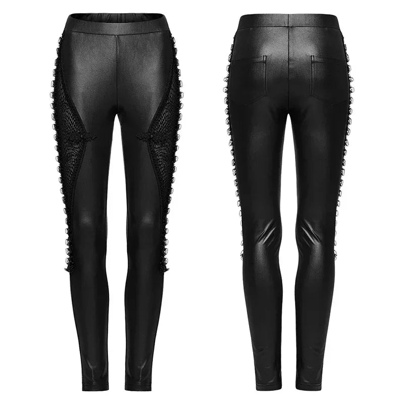 PUNK RAVE Women's Gothic Knit and Mesh Leggings - Punk Lace Streetwear with Symmetrical Segmentation