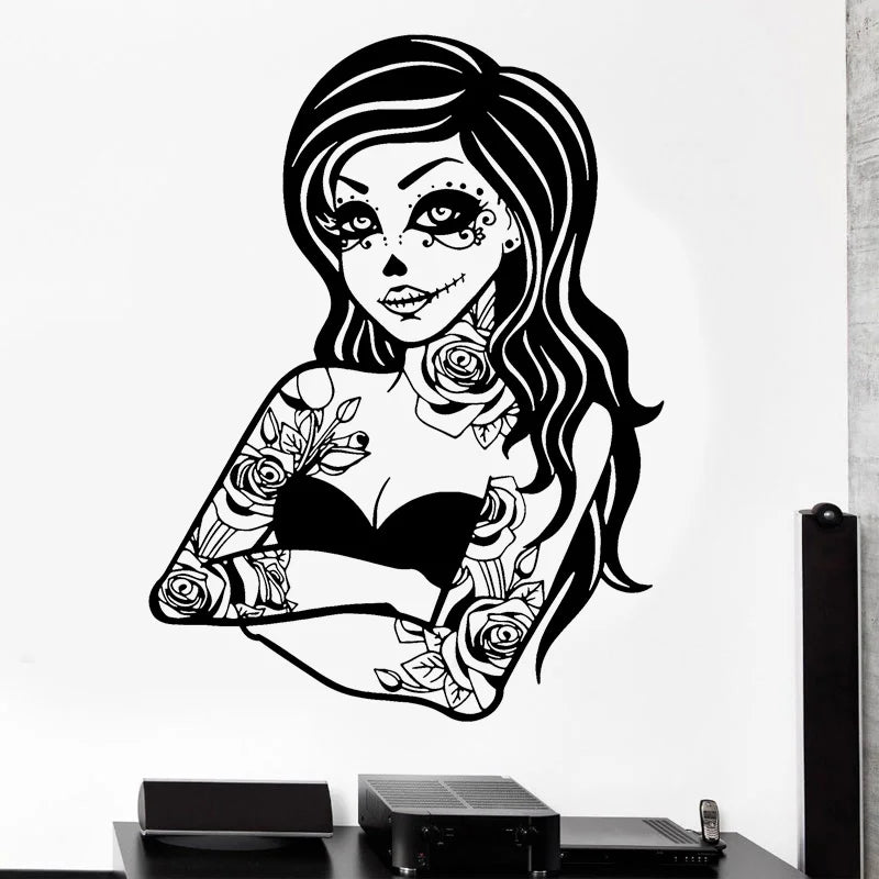 Horror Gothic Tattoo Dead Girl Wall Sticker Vinyl Art Home Decor for Boys Teens Room Decals Halloween Decoration Wallpaper G074