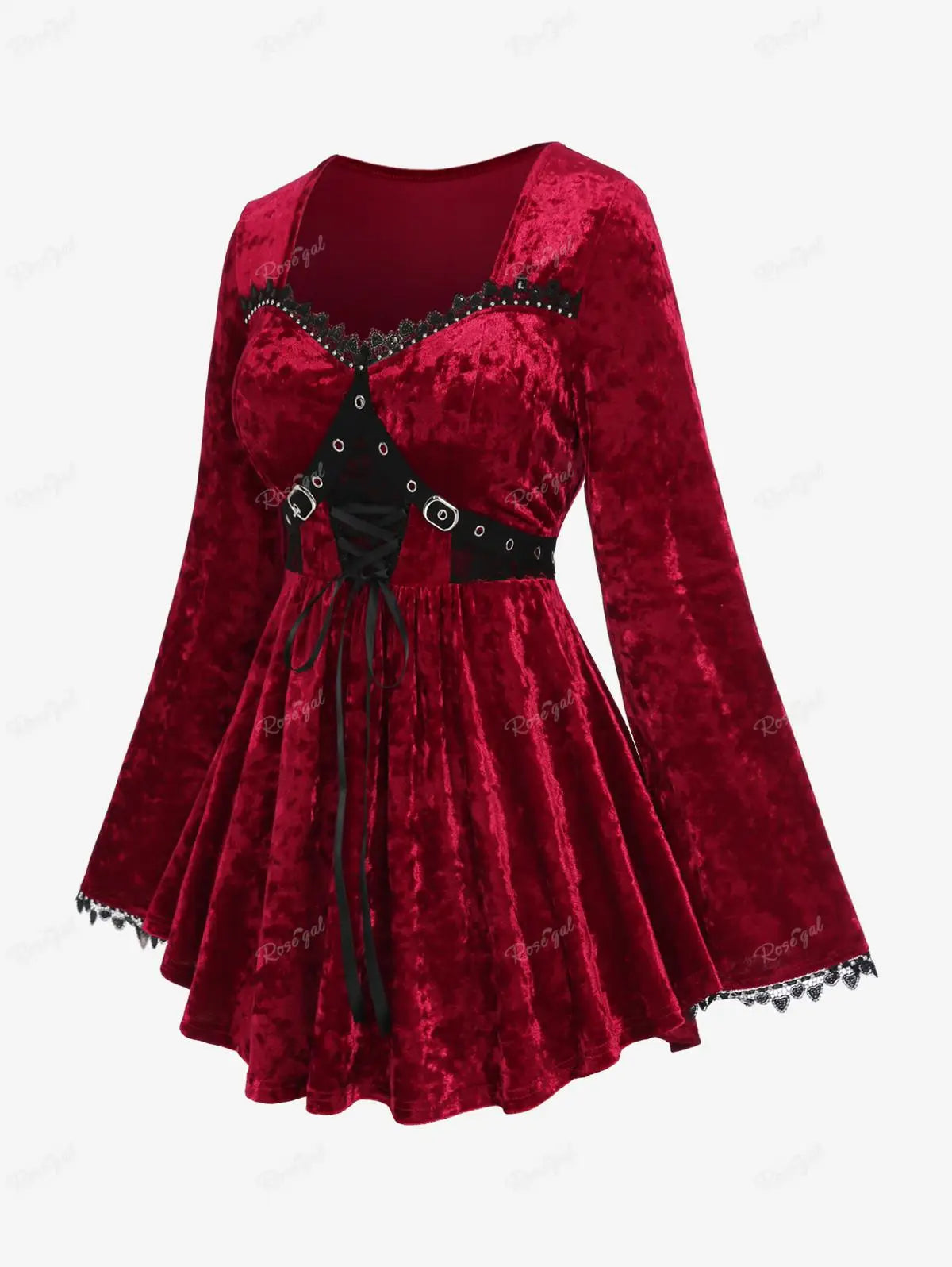 ROSEGAL Plus Size Velvet Top - Deep Red T-Shirt with Grommets, Buckle Lace-Up Design, Rivet Accents, and Lace Trim Flare Sleeves for Women