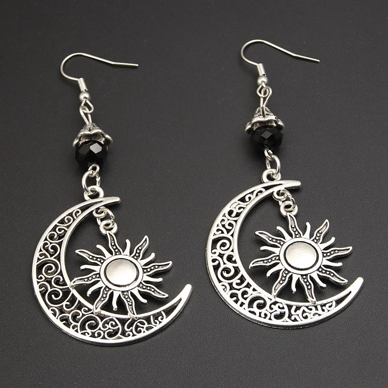 Gothic Dark Style Moon Sun Pentagram  Dangle Earrings