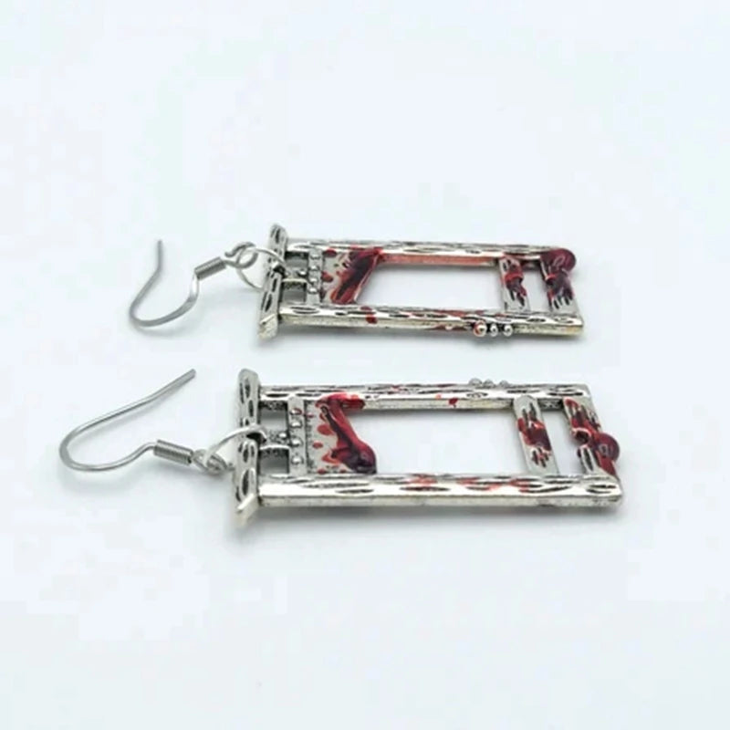 Bloody Guillotine Earrings - Gothic Weapon Jewelry, Spooky Halloween Accessories