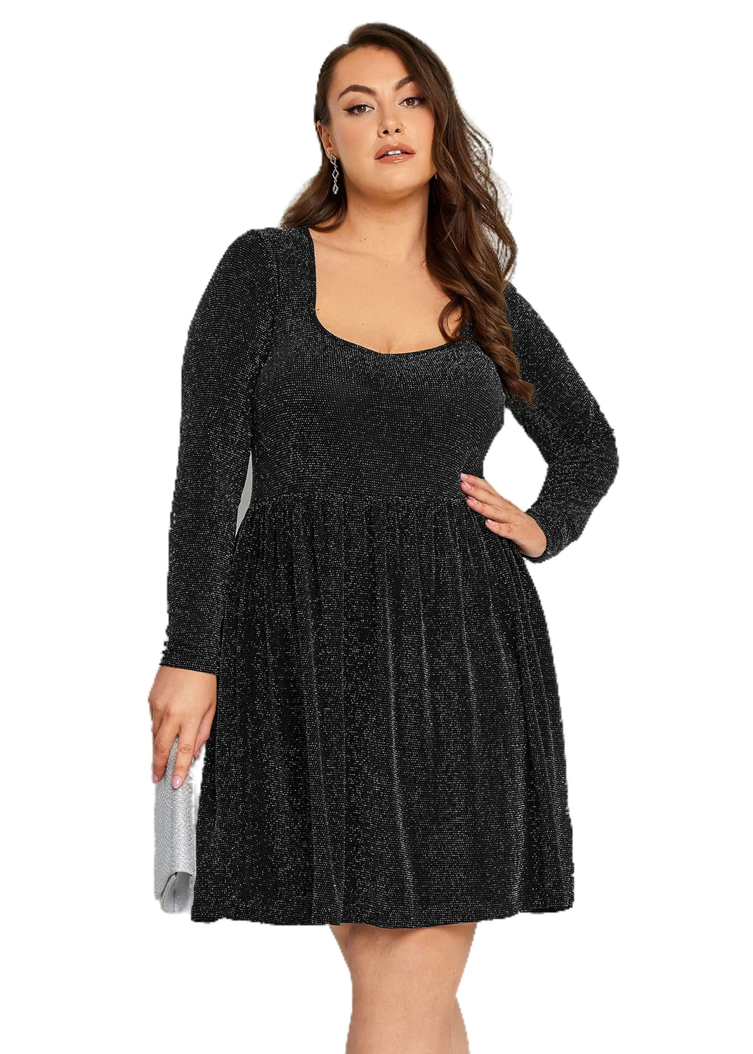 Plus Size Long Sleeve Black Silver Glitter Party Dress - Elegant Spring Autumn Midi Evening Dress