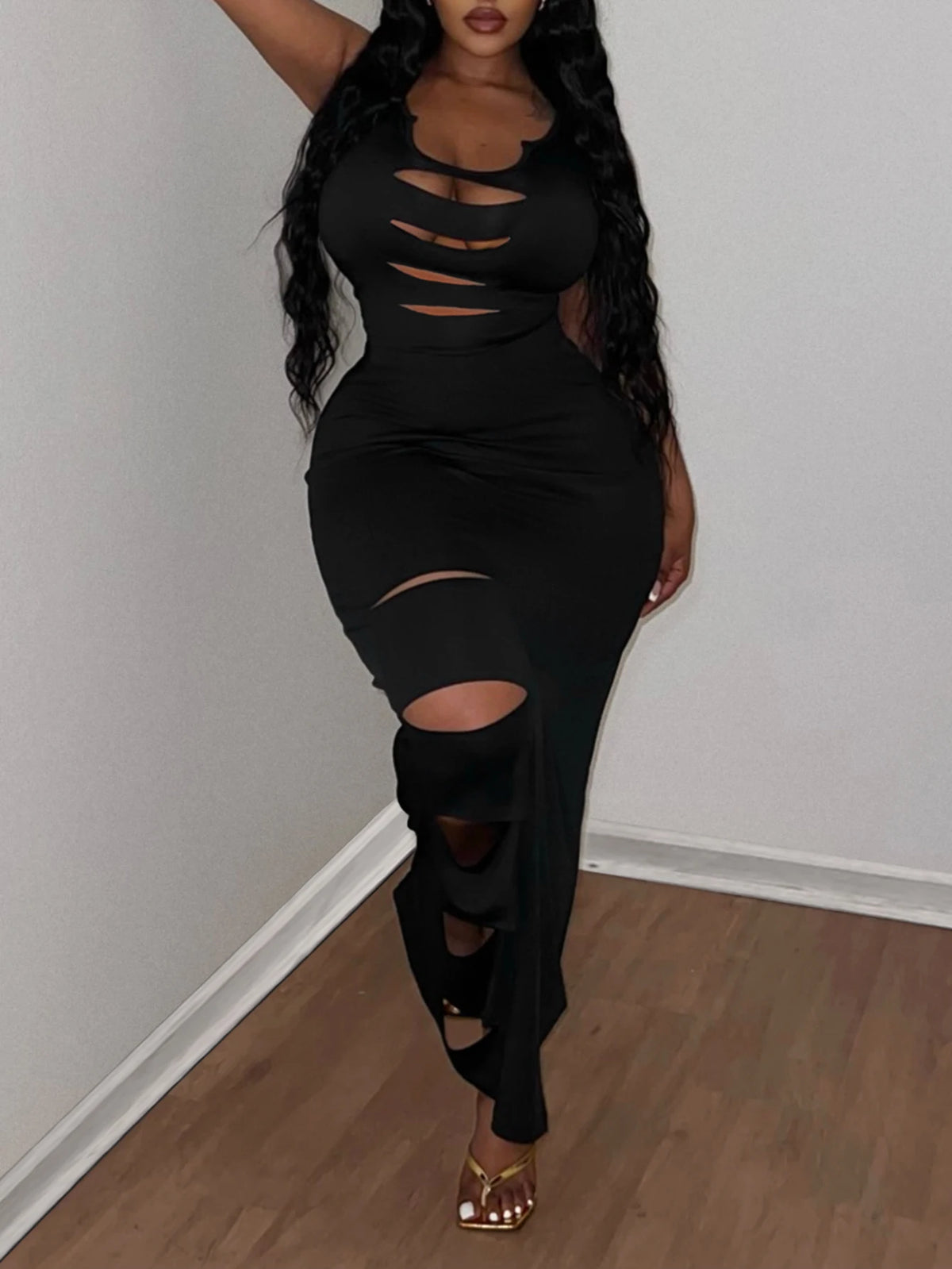 LW Plus Size Crop Top Cut Out Skirt Set Women Summer 2pcs Black Fashion Solid Color Sleeveless Notch Neck Ankle Length Skirt Set