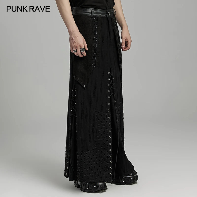 PUNK RAVE Men's Punk Layered Iron Ring Skirt - Heavy Industry Style with Irregular Splicing, Creative Streetwear Casual Pants