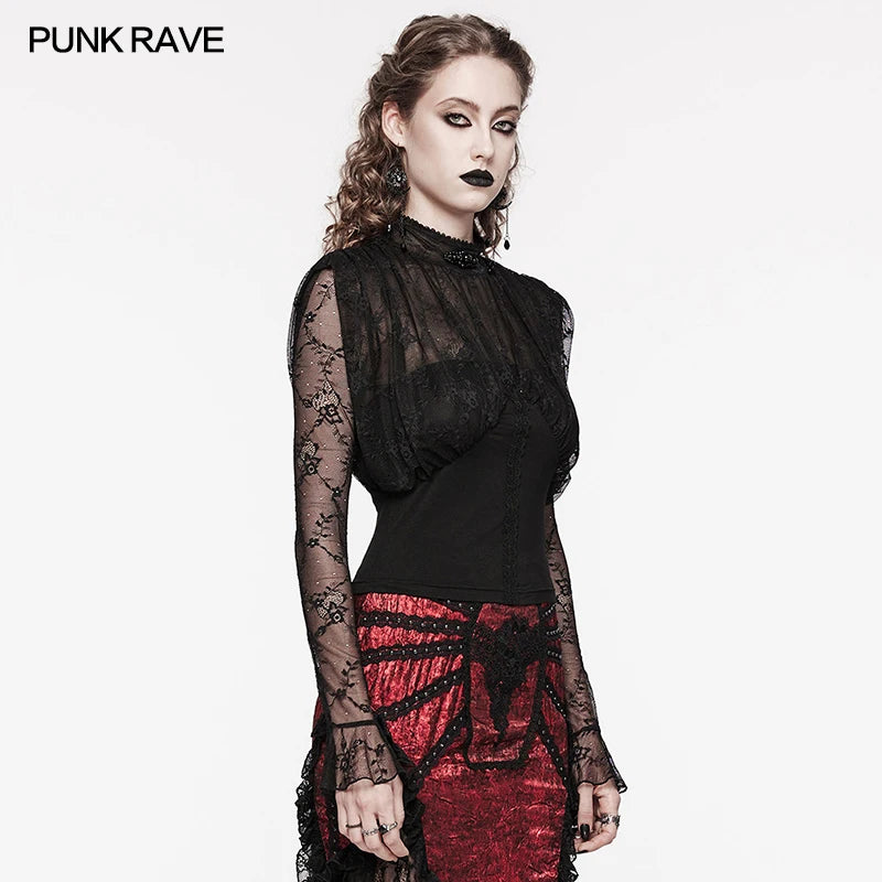 PUNK RAVE Women's Gothic Lace Splicing Shirt - Retro Black Blouse with Elastic Detailing, Daily Sexy Mystery Top