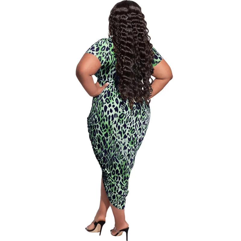 Plus Size Women's Clothing: Fashionable Leopard Print Slim Oversized Midi Dresses with Sexy Deep V-Neck