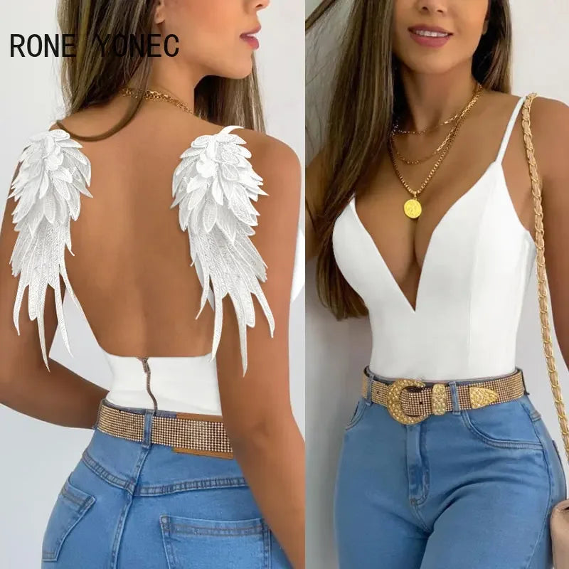 Women Chic Deep V Neck Sleeveless White Camis Crop Top with Wing Decoration - Sexy Summer Casual