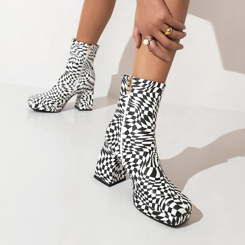 Checkerboard Pattern Chunky Heel Women's Boots – Square Toe, Plaid Design, Zip Closure with Plush Inner for Winter