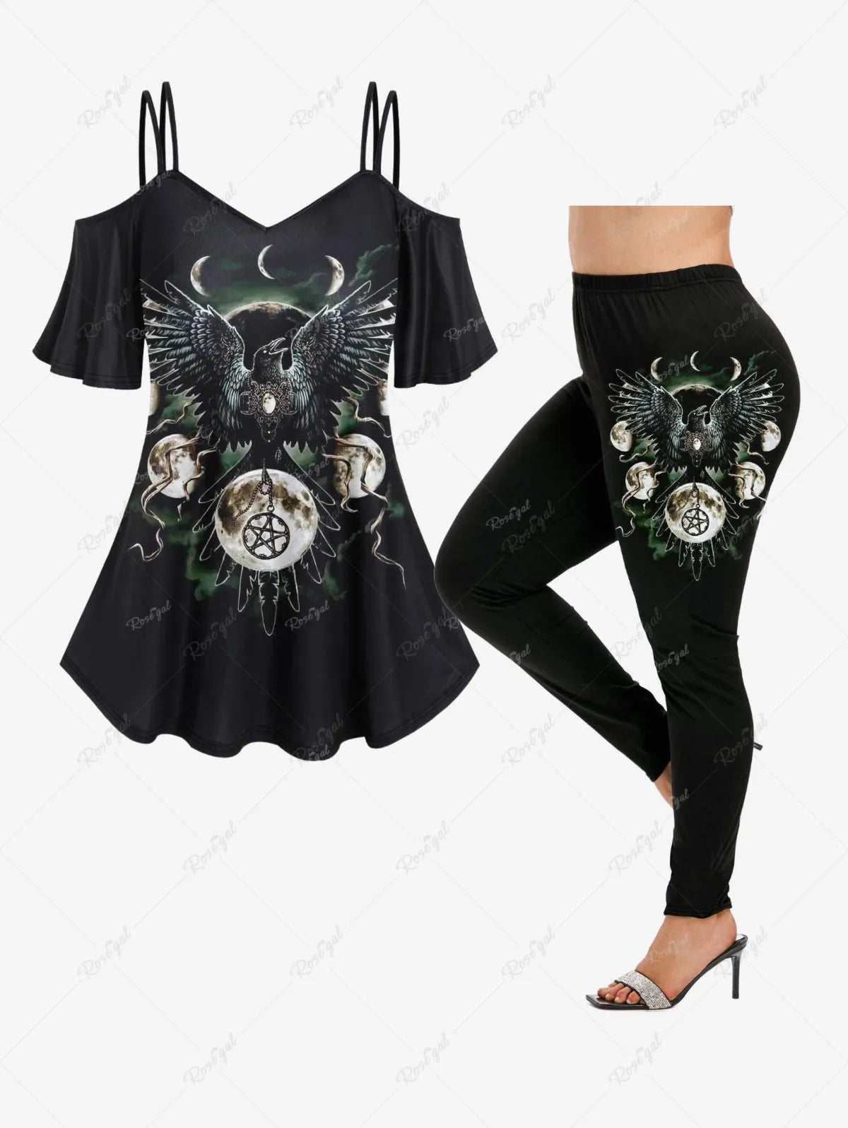 Plus Size Printed Cami T-shirt or Skinny Leggings: Women's Casual Cold Shoulder Eagle Pentagram Moon Tee And Leggings