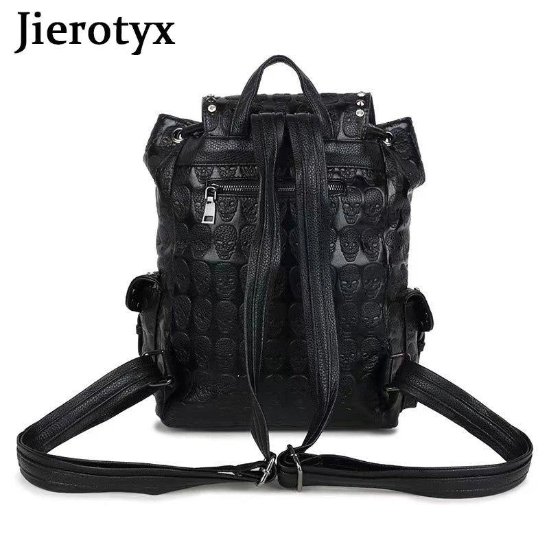 JIEROTYX Skull Backpack Women Gothic Rivet Studded Zipper Shoulder Purse Black Punk Metal 3D School Bags