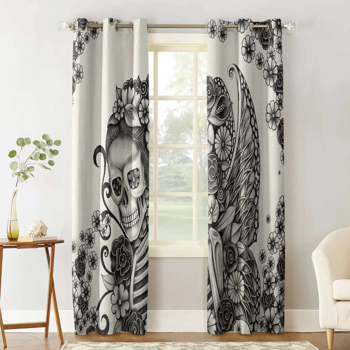 Skull Sketch and Flowers Modern Curtains - Interior Home Decor for Living Room, Bedroom, and Kitchen