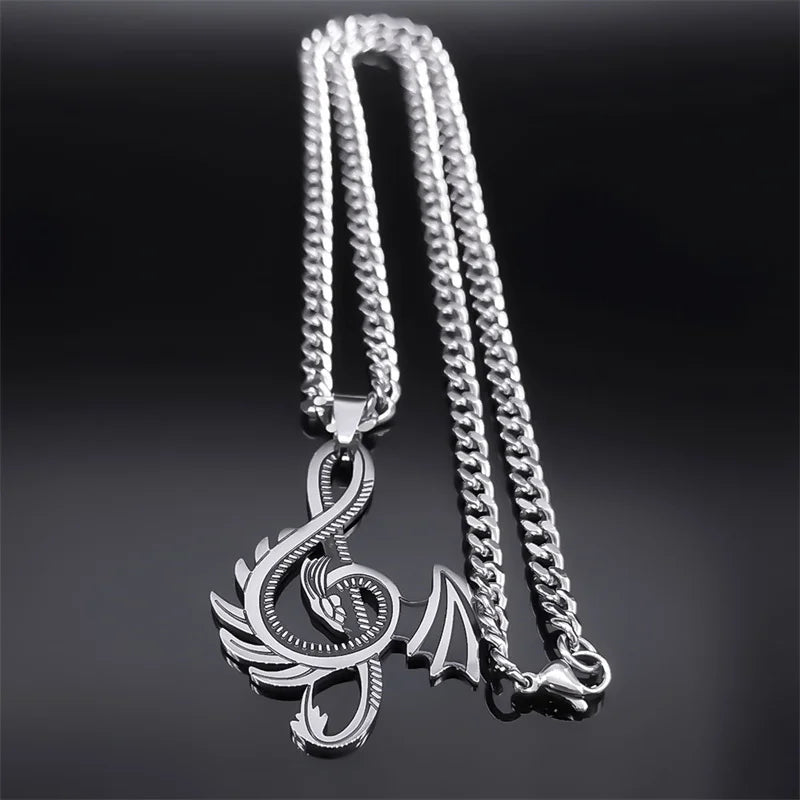 Dragon Treble Clef Pendant Necklace – Stainless Steel Silver Color, Punk Jewelry for Women & Men