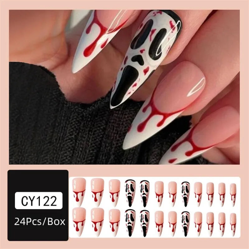 24 Pcs/Set Screaming Ghost Face Halloween Wearable False Nails Press on Nails Art Long Ballet Full Cover Almond Fake Nail Tips