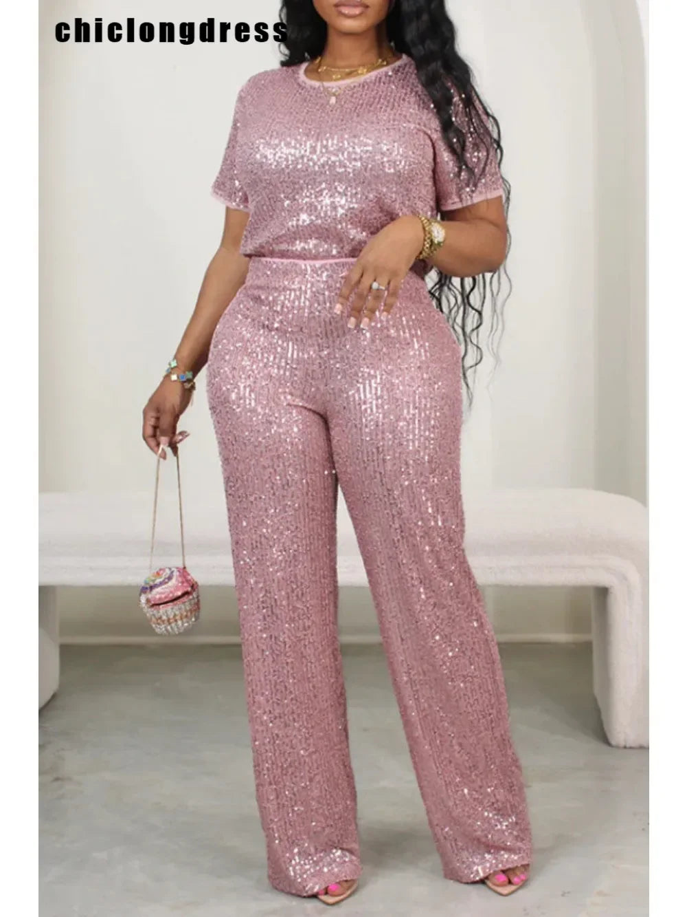 Sequin Two Piece Set for Women: Casual Fashion Solid Short-Sleeved T-Shirt and Wide-Leg Pants Set