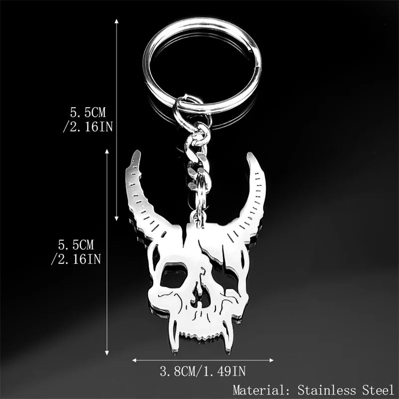 Stainless Steel Gothic Sheep Head Skull Keychain – Retro Religious Alternative Key Ring for Men & Women