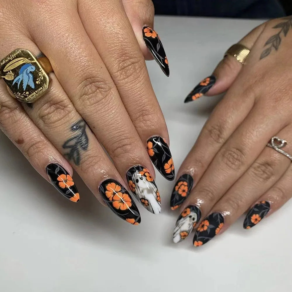 24pcs Matte Almond Halloween Press-On Nails – Pumpkin, Bat, and Spider Full Cover DIY False Nail Tips